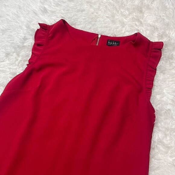 Nicole Miller Red Shift Dress Ruffle Cap Sleeves Size 12 Mini Lightweight - Picture 3 of 10